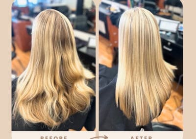 Before and after showcasing silky blonde hair