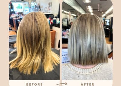 before and after displaying shoulder length haircut