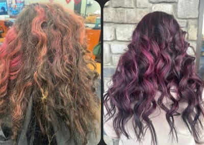 before and after showcasing new purple curls