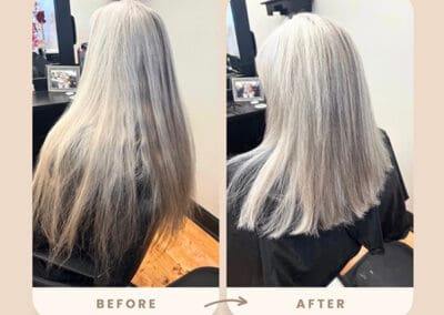 Before and after of beautiful salt and pepper hair after a trim